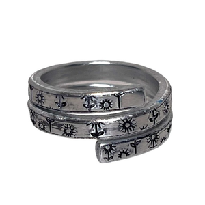 Handmade 8 stamped floral boho nature silver adjustable hypoallergenic wrap ring